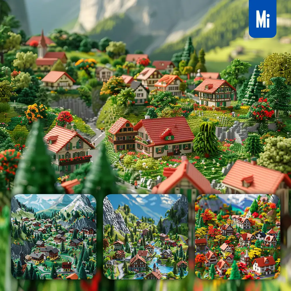 Midjourney Prompt Village House Mountain Assembled 3D Lego Model Scene