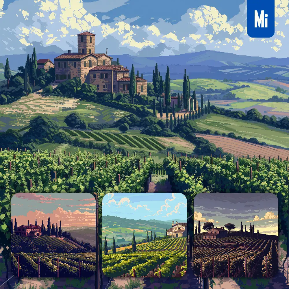 Midjourney Prompt Vineyard Grapevine Farmhouse Tree Hill Sky Pixel Art Illustration