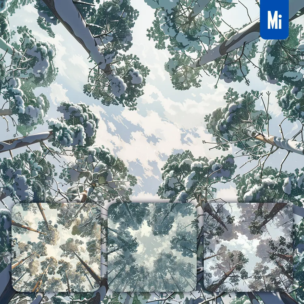 Midjourney Prompt Winter Pine Tree Sky Sunshine Cloud Animation Illustration