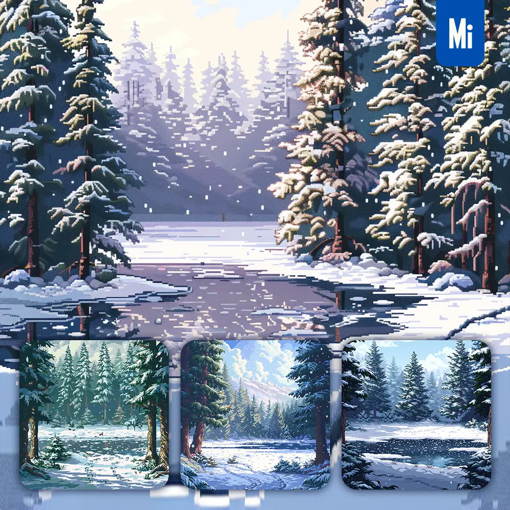 Midjourney Prompt Winter Snowy Forest Lake Tree Frozen Sunlight Pixel Art Illustration