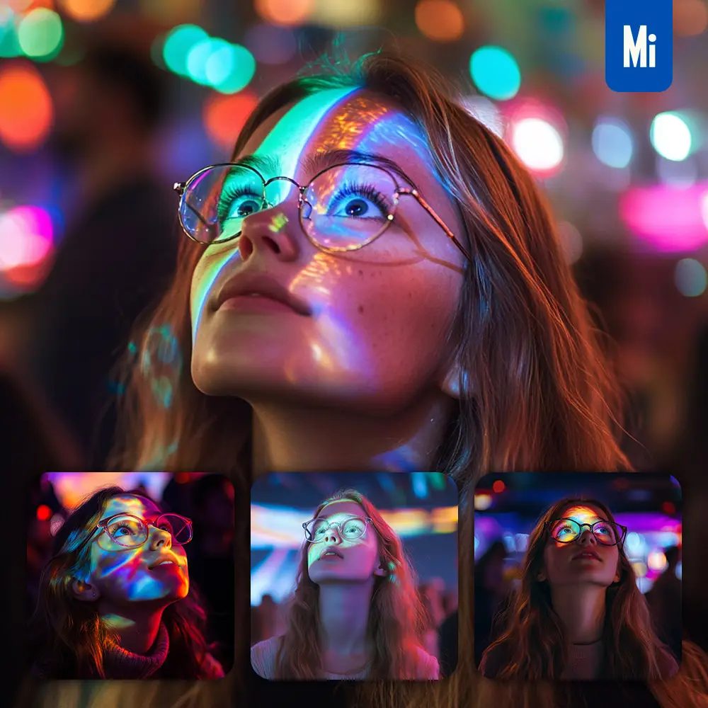 Midjourney Prompt Woman Girl Lady Colorful Look Up Light Face Head Glasses Photography