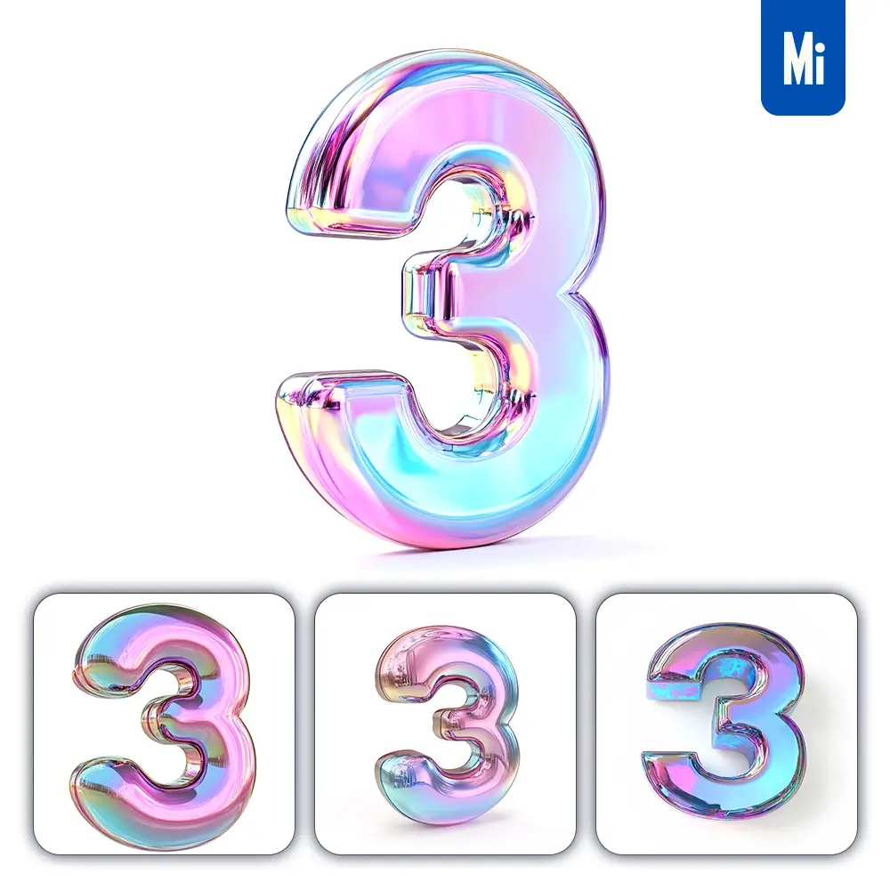 Midjourney Prompt 3 Number 3D Pastel Hologram Holographic Colorful Icon Model
