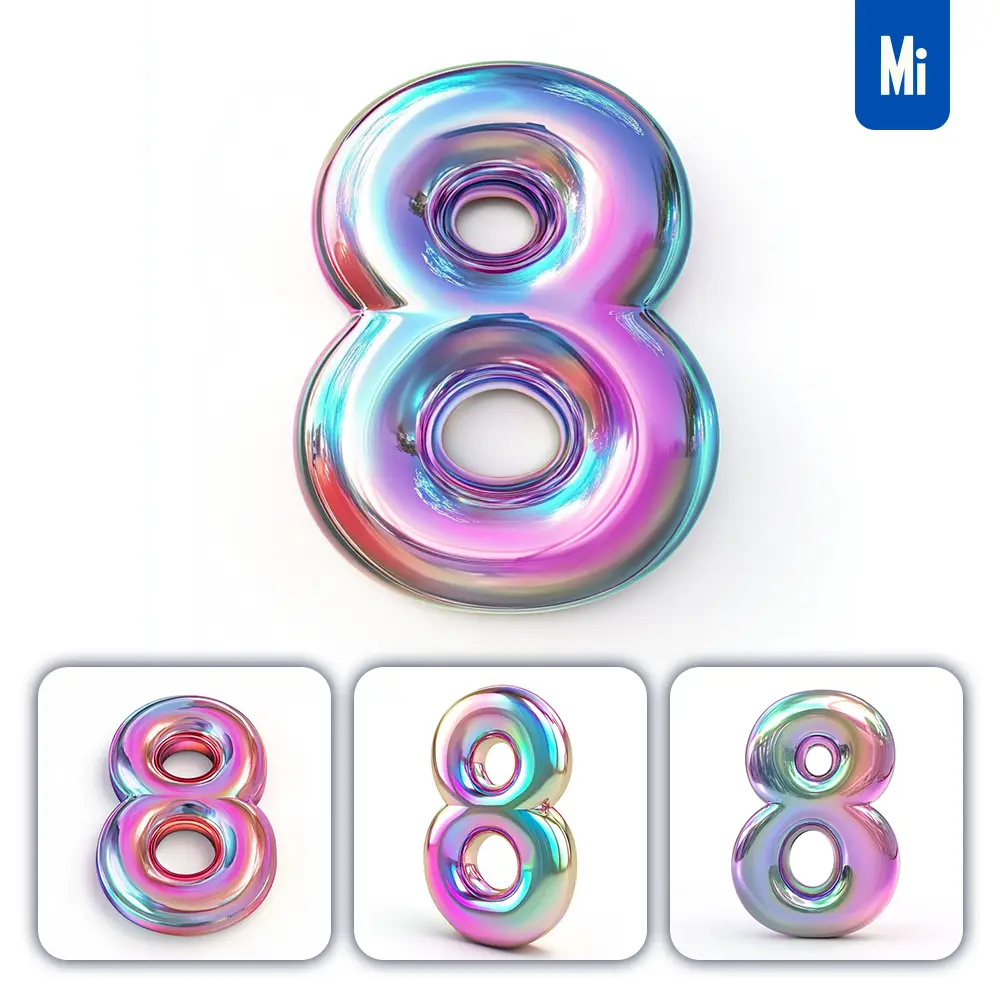 Midjourney Prompt 8 Number 3D Pastel Hologram Holographic Colorful Icon Model
