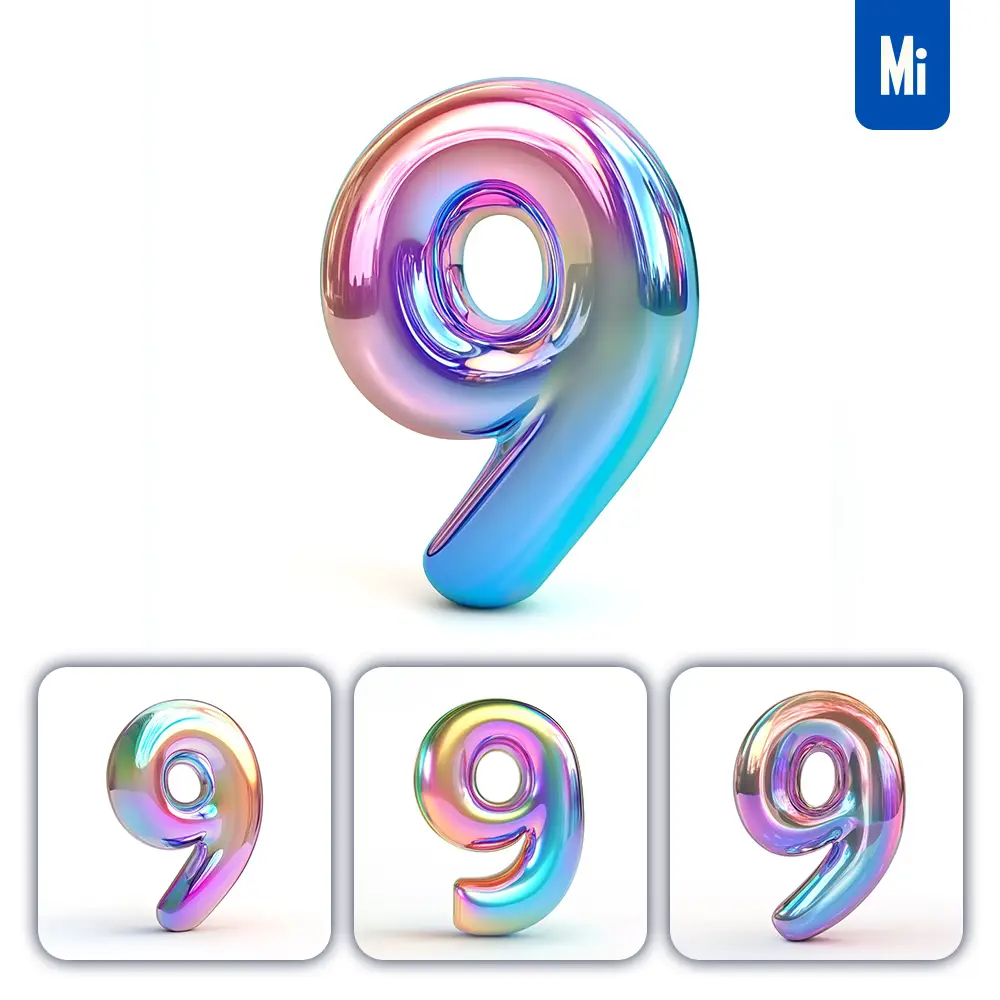 Midjourney Prompt 9 Number 3D Pastel Hologram Holographic Colorful Icon Model