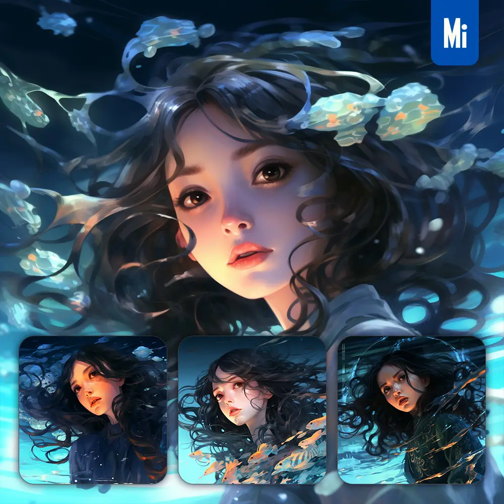 Midjourney Prompt Asian Oriental Girl Woman Lady Hair Water Cyan Azure Sea Face Portrait Mermaid Underwater Light Comic Cartoon Oil Painting