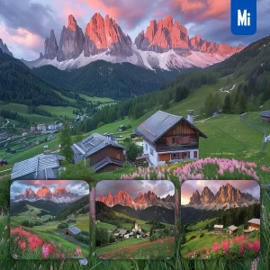 Midjourney Prompt Dolomites Mountain Peak Sunrise Valley Cliff Village Wooden Chalet House Landscape Photography