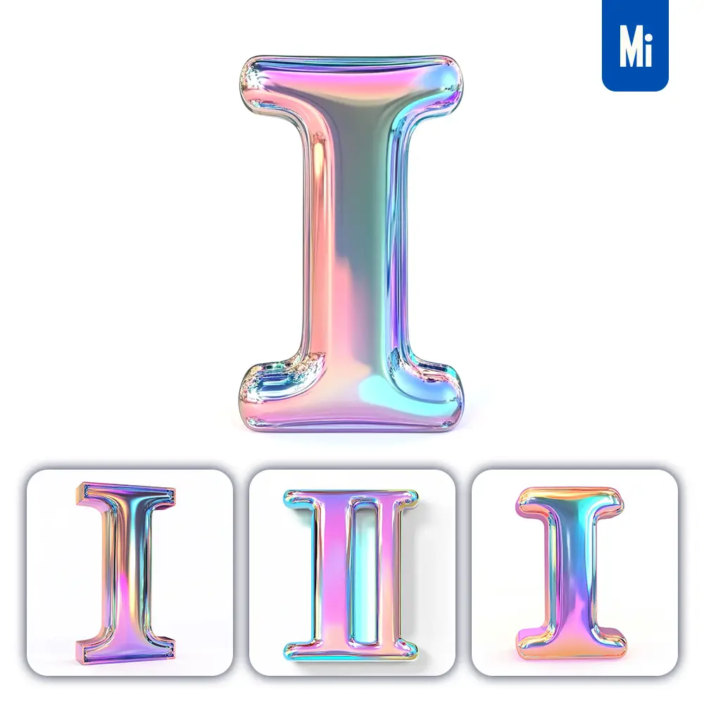 Midjourney Prompt I Letter 3D Pastel Hologram Holographic Colorful Icon Model