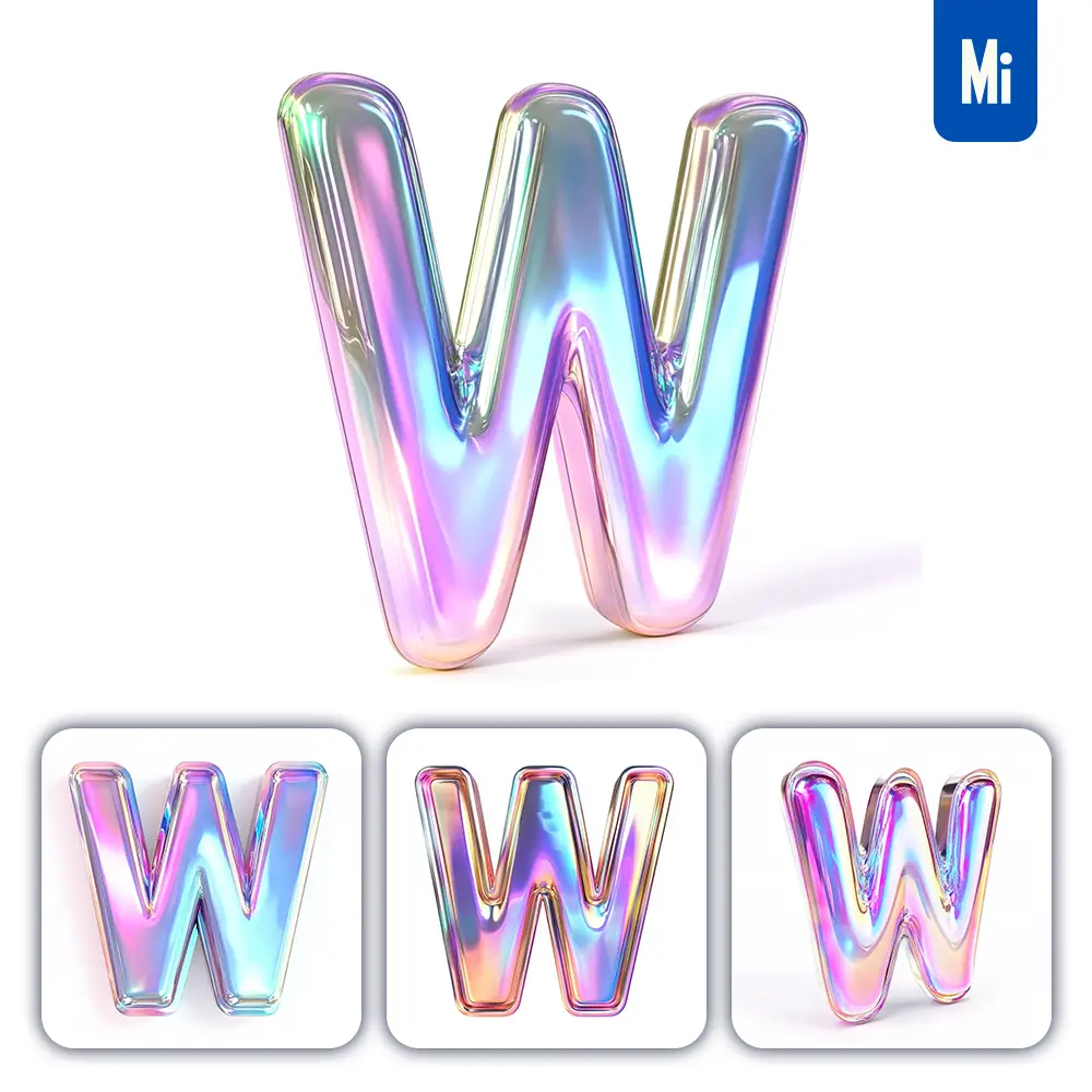 Midjourney Prompt W Letter 3D Pastel Hologram Holographic Colorful Icon Model