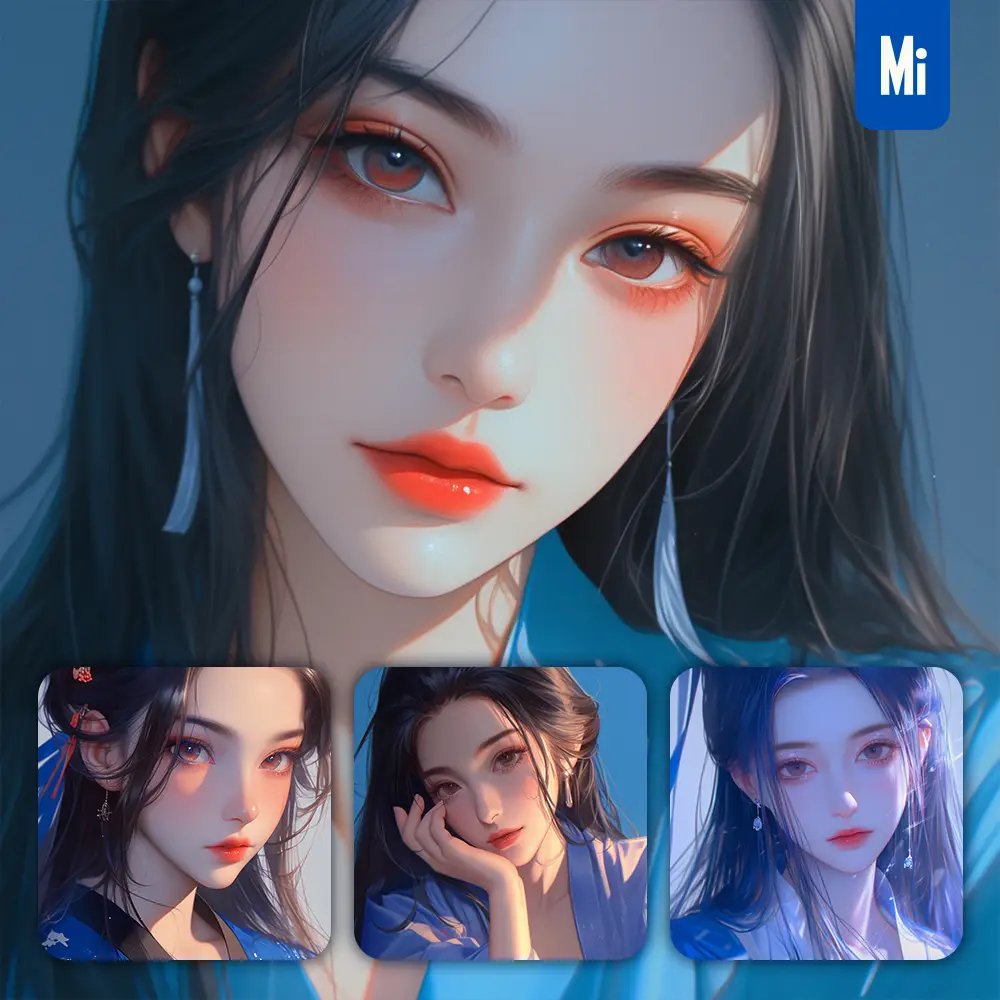 Midjourney Prompt Ancient Head Blue Beautiful Woman Girl Lady Face Colorful Portrait Animation Cartoon