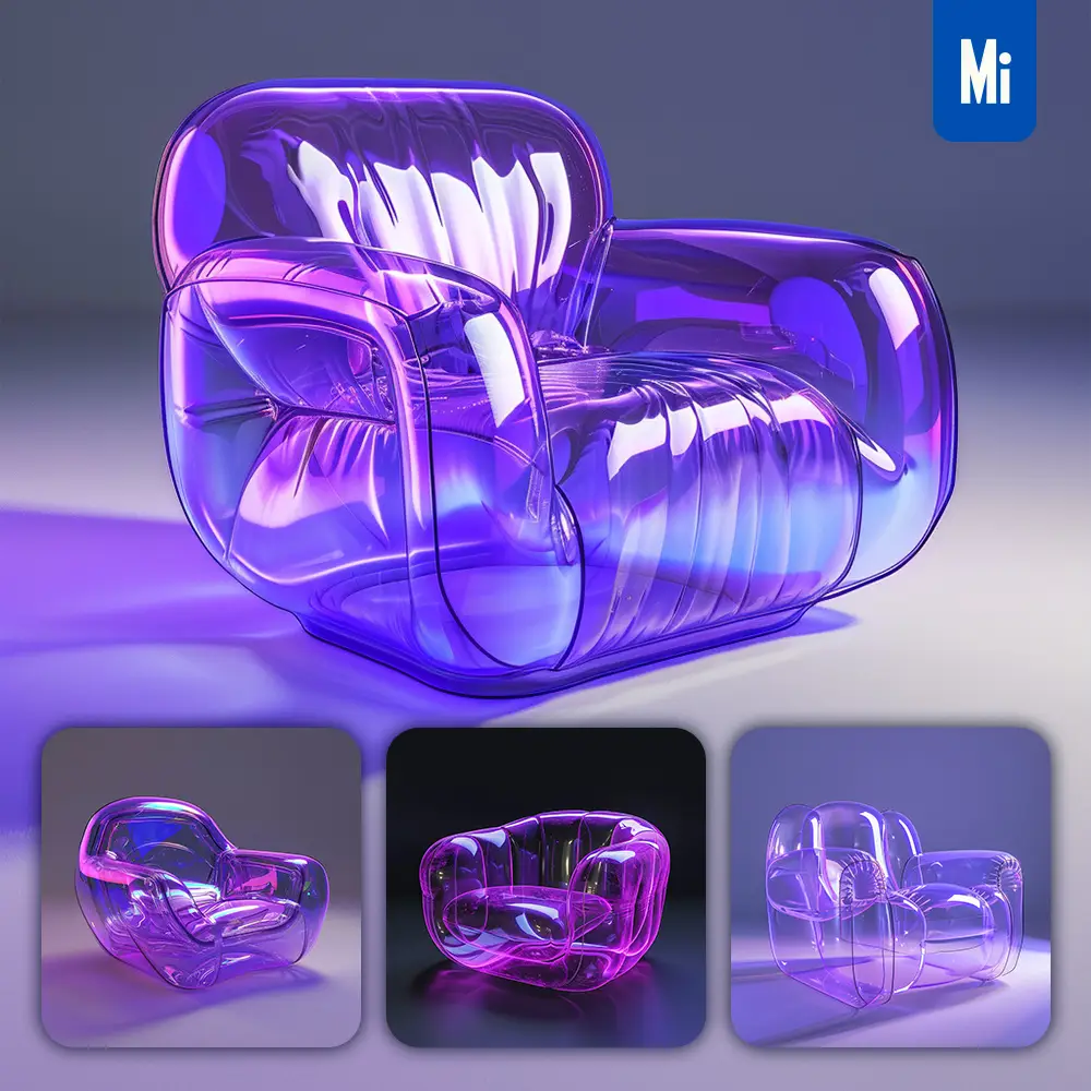 Midjourney Prompt Armchair Sofa Transparent Inflatable Furniture Purple Design Product 3D Concept