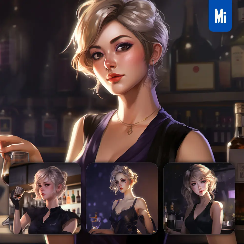 Midjourney Prompt Bar Pub Bartender Belle Girl Lady Woman Portrait Oil Painting Illustration