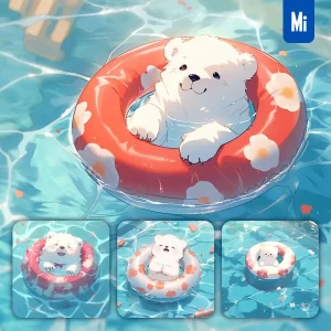 Midjourney Prompt Bear White Swimming Circle Animation Smile Water Pool Cute Swim