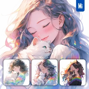 Midjourney Prompt Beautiful Girl Lady Woman Cat Holding Colorful Face Portrait Animation Cartoon