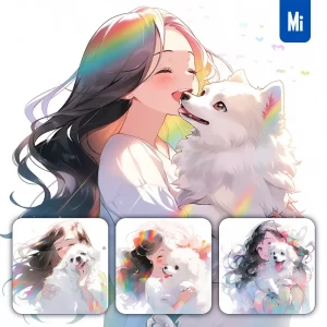 Midjourney Prompt Beautiful Girl Lady Woman Dog Holding Colorful Face Portrait Animation Cartoon