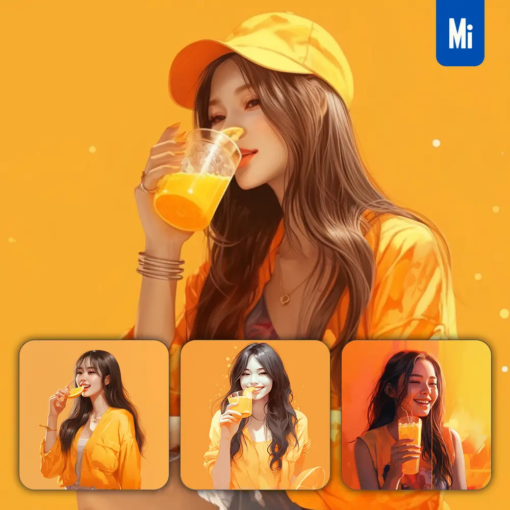 Midjourney Prompt Beautiful Orange Juice Cap Woman Girl Lady Portrait Oil Painting Illustration