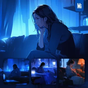 Midjourney Prompt Beautiful Sleep Girl Lady Woman Lonely Sit Sofa Night Animation Painting Illustration