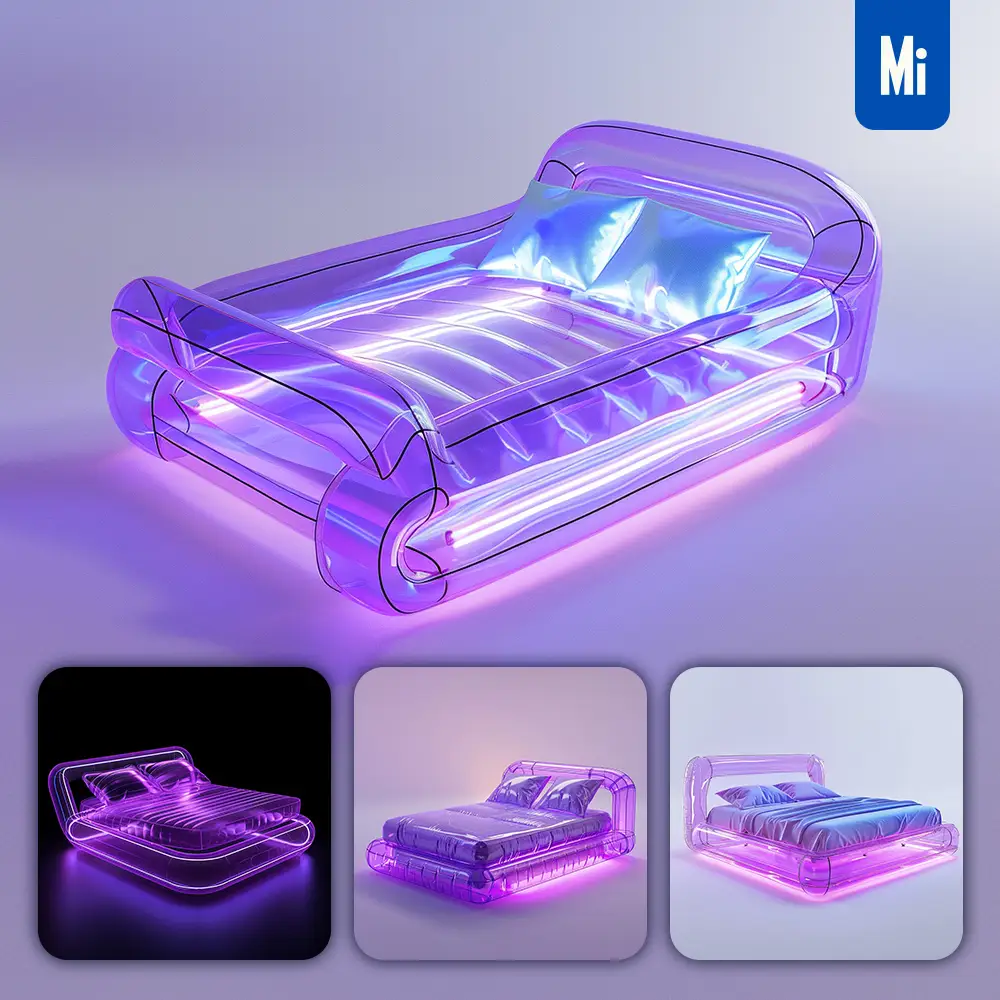 Midjourney Prompt Bed Transparent Inflatable Furniture Purple Design Product 3D Concept
