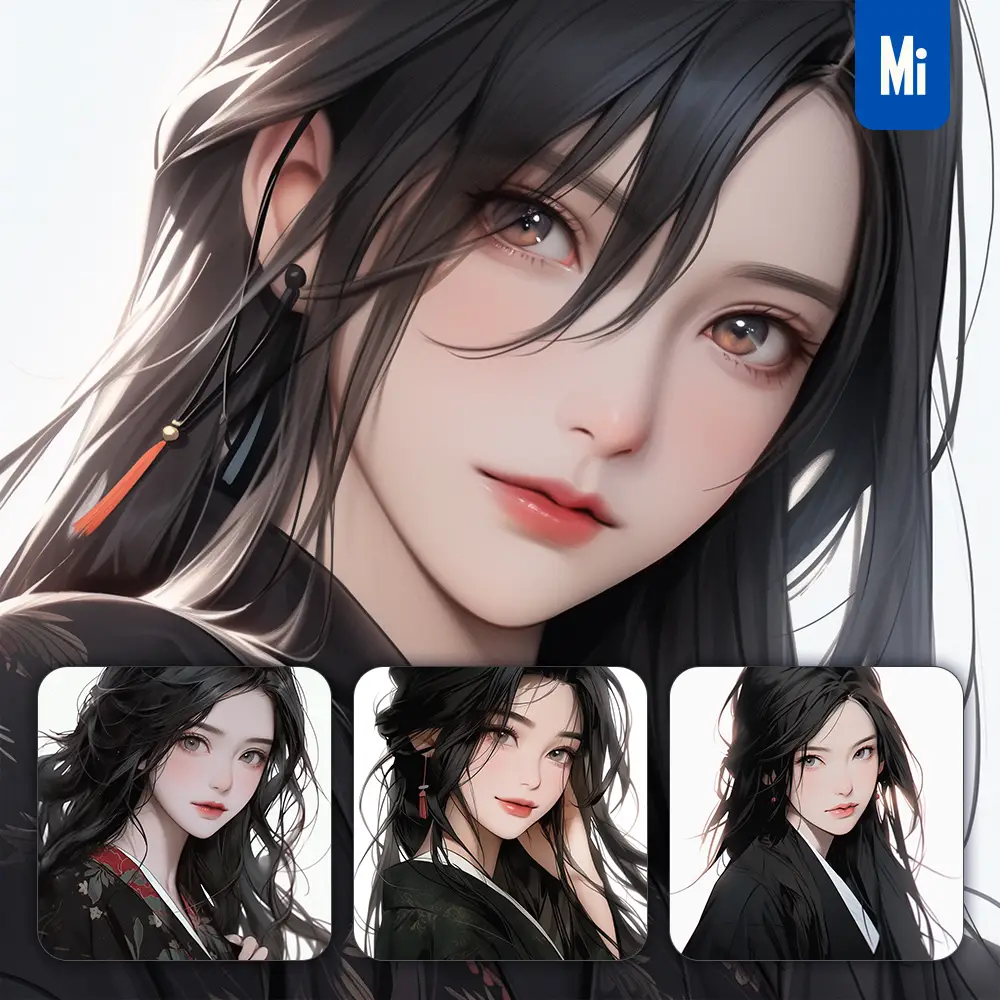 Midjourney Prompt Black Japanese Beautiful Geisha Asian Woman Girl Lady Face Portrait Animation Cartoon Painting