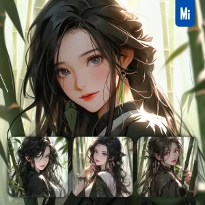 Midjourney Prompt Black Bamboo Chinese Beautiful Geisha Asian Woman Girl Lady Face Portrait Animation Cartoon Painting