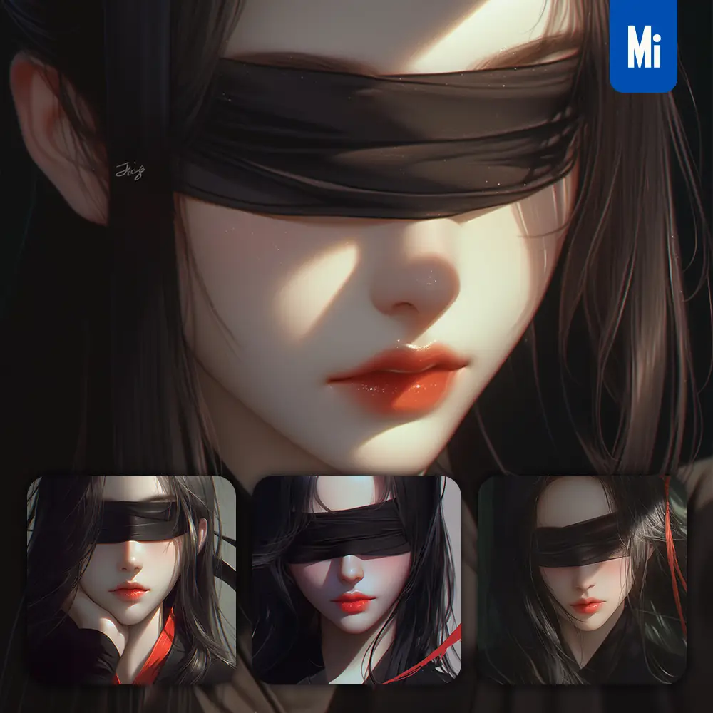 Midjourney Prompt Black Blindfolded Beautiful Woman Girl Lady Face Portrait Animation Cartoon