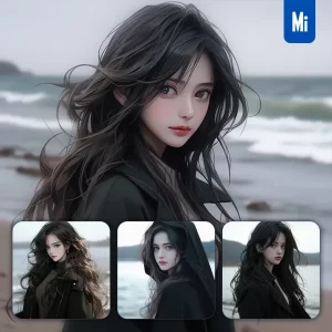 Midjourney Prompt Black Coat Sea Beautiful Girl Woman Lady Illustration Portrait Animation Cartoon