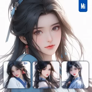 Midjourney Prompt Blue Chinese Beautiful Asian Woman Girl Lady Face Portrait Animation Cartoon Painting
