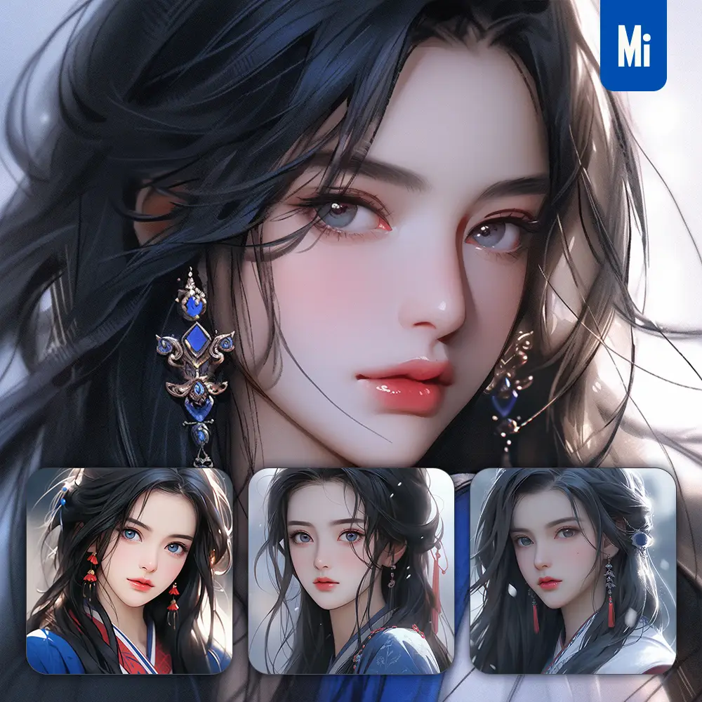 Midjourney Prompt Blue Beautiful Asian Woman Girl Lady Face Portrait Animation Cartoon Painting