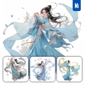 Midjourney Prompt Blue Beautiful Chinese Girl Lady Woman Dance Portrait Animation Cartoon Painting
