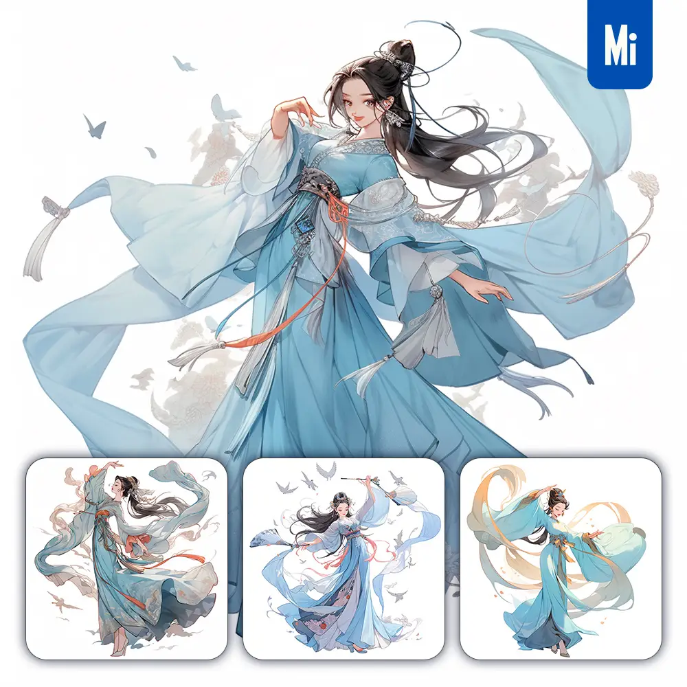 Midjourney Prompt Blue Beautiful Chinese Girl Lady Woman Dance Portrait Animation Cartoon Painting