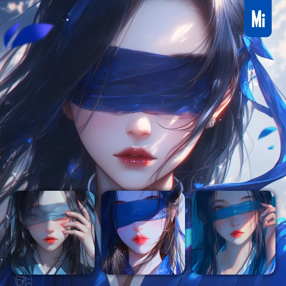 Midjourney Prompt Blue Blindfolded Beautiful Woman Girl Lady Face Portrait Animation Cartoon