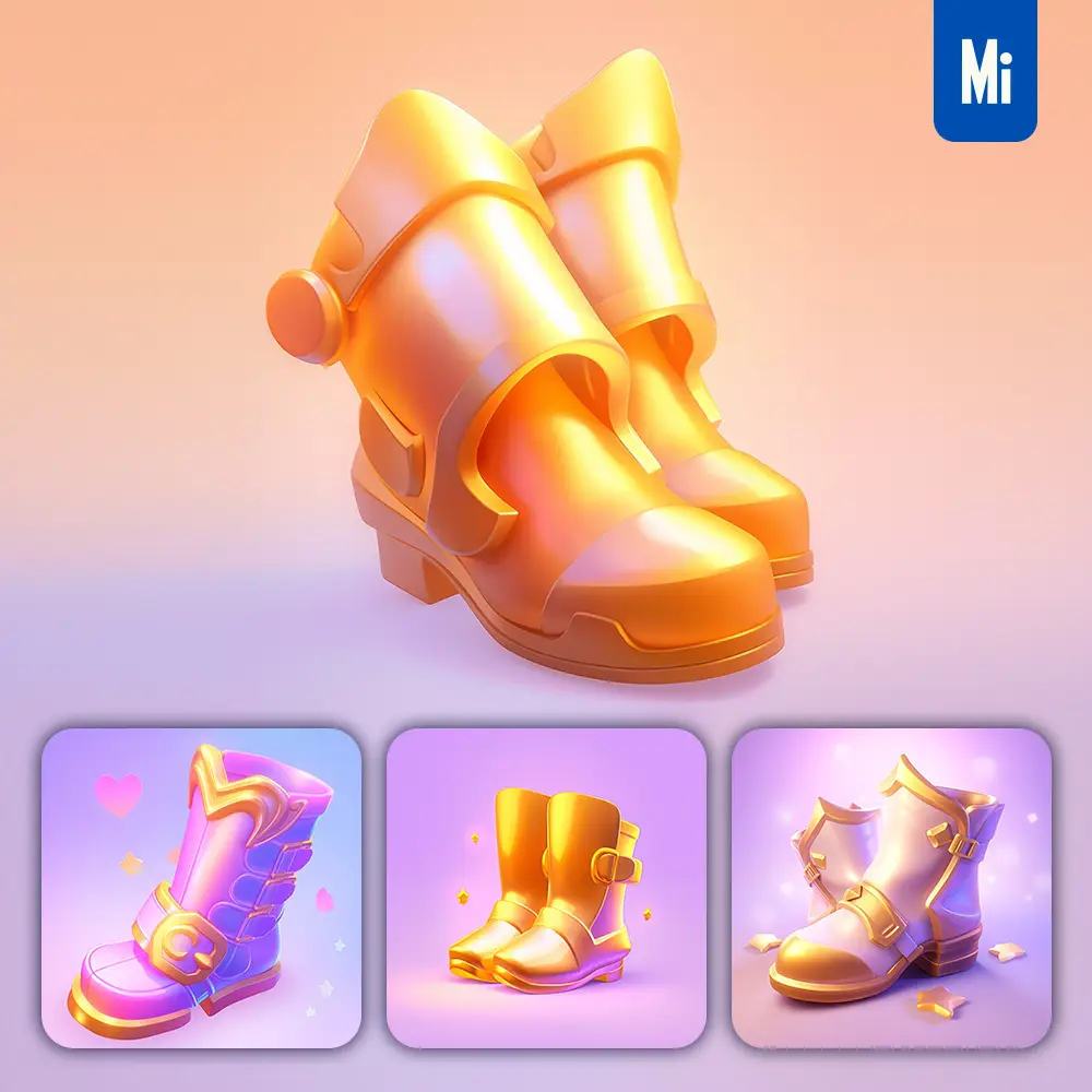 Midjourney Prompt Boots Golden 3D Icon Game Cartoon Cute Lovely