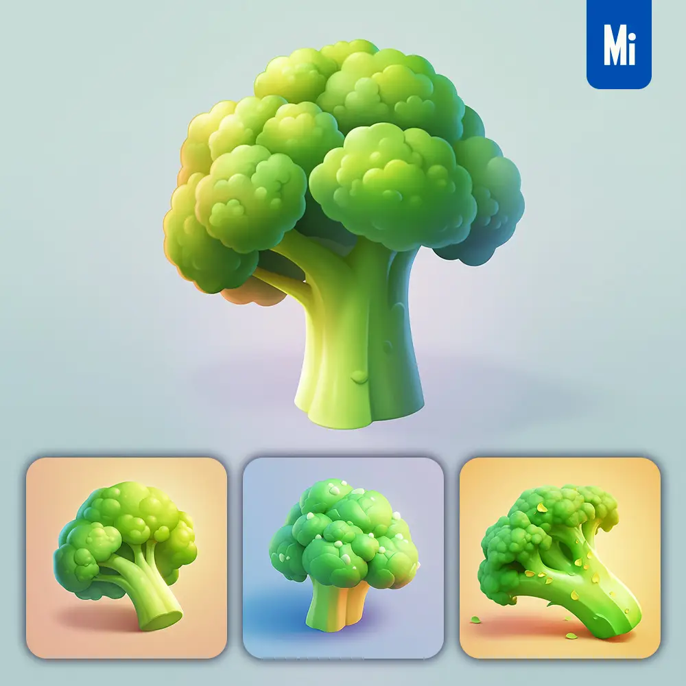 Midjourney Prompt Broccoli 3D Icon Game Cartoon Cute Lovely