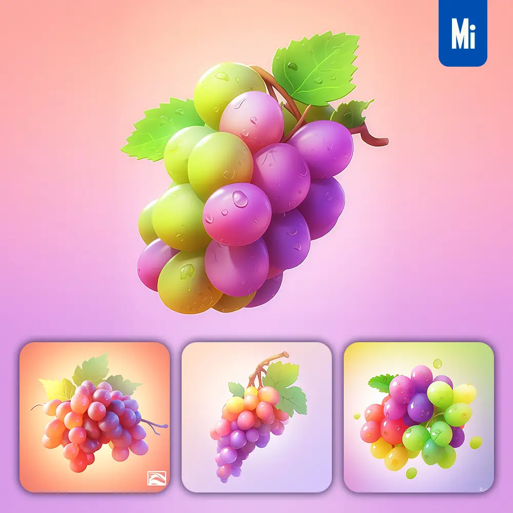 Midjourney Prompt Bunch Grapes 3D Icon Game Cartoon Cute Lovely