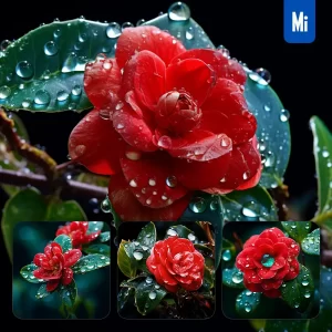 Midjourney Prompt Camellia Flower Branch Leaves Leaf Dewdrop Drop Photography