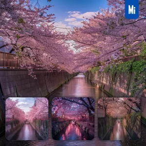 Midjourney Prompt Cherry Blossom Bank River Pink Sakura Flower Landscape Photography