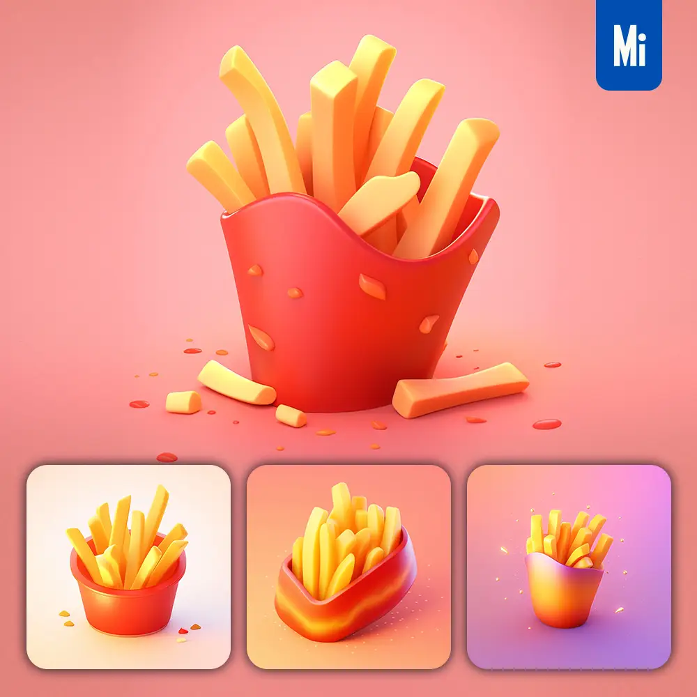 Midjourney Prompt Chips French Fries 3D Icon Game Cartoon Cute Lovely