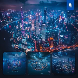 Midjourney Prompt City Shanghai Night Skyline Cityscape River Building Skyscraper Landscape Photography