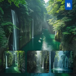Midjourney Prompt Cliff Waterfall Gorge Canyon Water River Green Landscape Photography