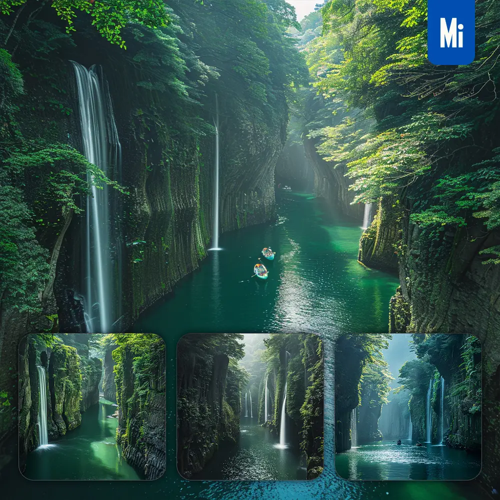 Midjourney Prompt Cliff Waterfall Gorge Canyon Water River Green Landscape Photography