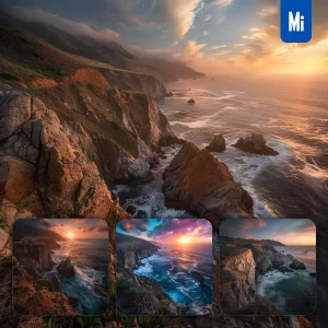 Midjourney Prompt Coastline Wave Cliff Sunset Sea Ocean Rock Landscape Photography