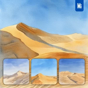 Midjourney Prompt Desert Sand Dune Blue Sky Watercolor Painting