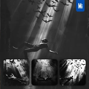 Midjourney Prompt Falling Man Light Bat Black and White Bats