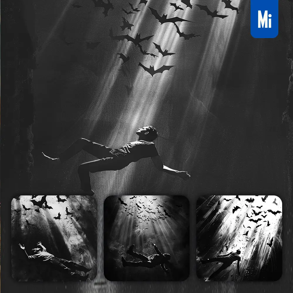 Midjourney Prompt Falling Man Light Bat Black and White Bats