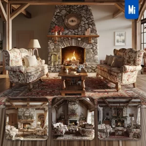 Midjourney Prompt Fireplace Living Room Wooden Cozy Photography