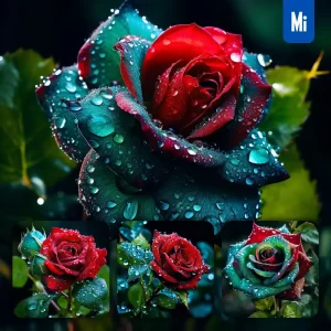 Midjourney Prompt Flower Rose Branch Leaves Leaf Dewdrop Drop Photography