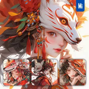 Midjourney Prompt Fox Demon Mask Japanese Beautiful Woman Girl Lady Face Colorful Portrait Animation Cartoon