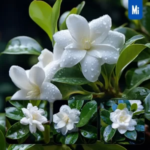 Midjourney Prompt Gardenia Flower Branch Leaves Leaf Dewdrop Drop Photography