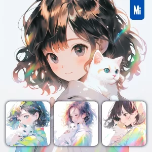 Midjourney Prompt Girl Beautiful Lady Cute Woman Cat Holding Colorful Face Portrait Animation Cartoon
