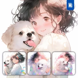 Midjourney Prompt Girl Beautiful Lady Cute Woman Dog Holding Colorful Face Portrait Animation Cartoon