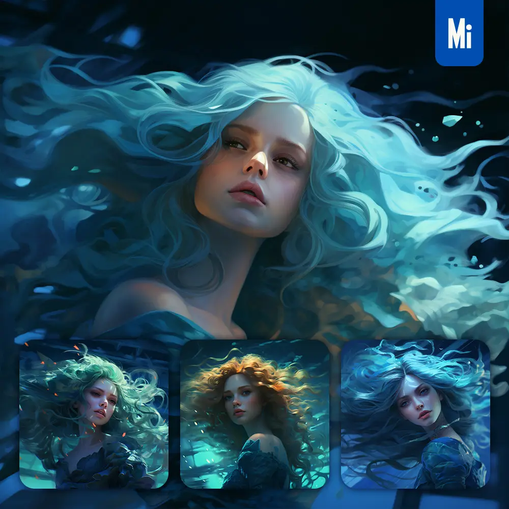 Midjourney Prompt Girl Woman Lady Hair Water Cyan Azure Sea Face Portrait Mermaid Underwater Light Comic Cartoon Oil Painting